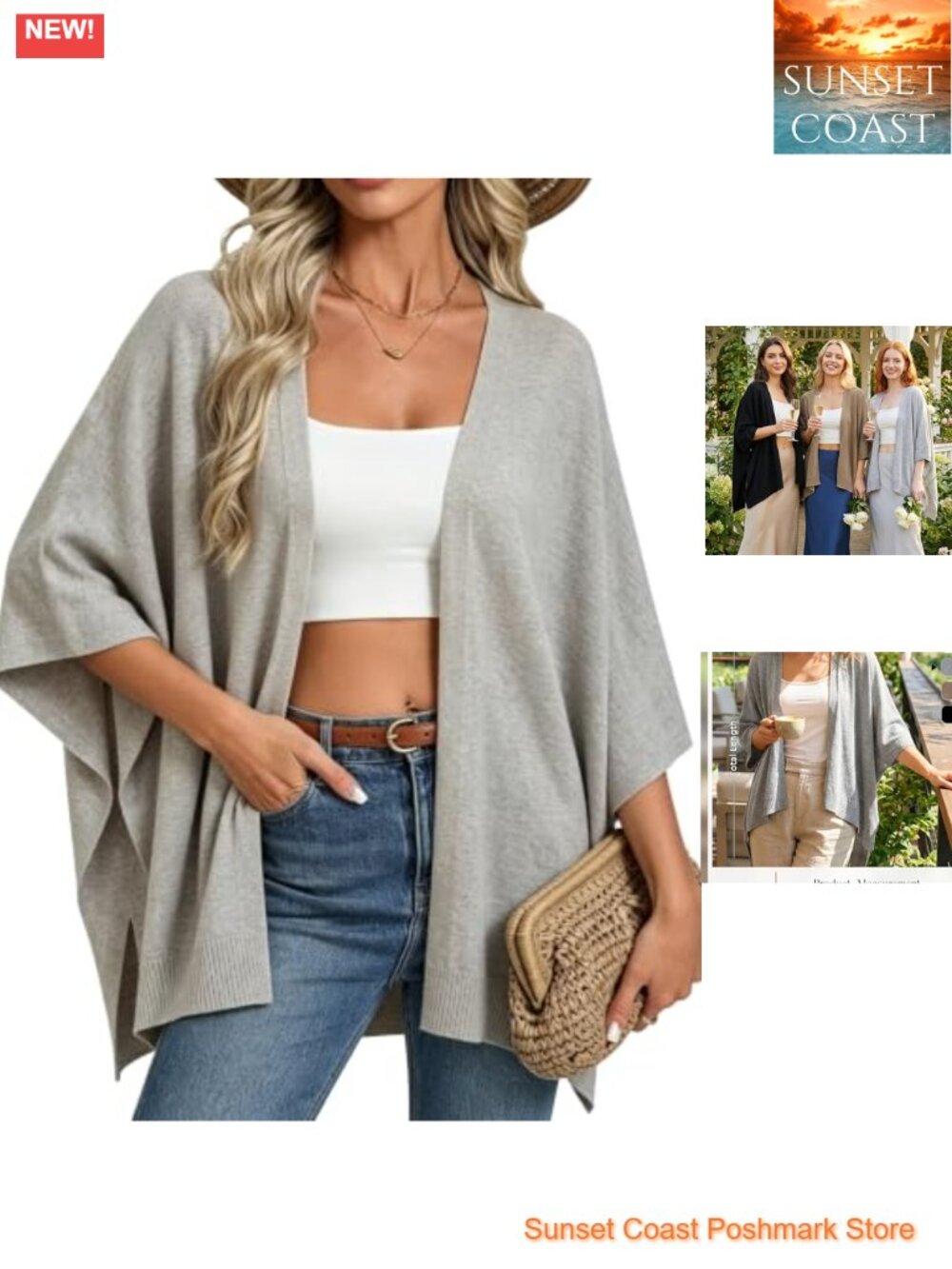 Open Front Knit Poncho Cardigan Shawl Wrap with Buttons, Batwing Sleeve,
